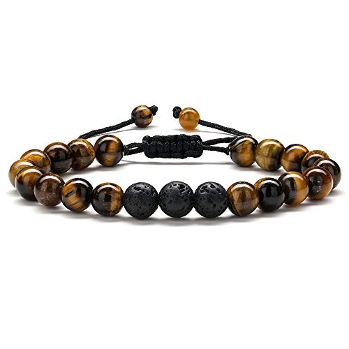 M MOOHAM Natural Stone Bracelets for Men - 8mm Tiger Eye | Matte Agate | Lava Rock Bracelets for Men Teen Boys Gifts Fathers Day Anniversary Birthday Gifts for Him