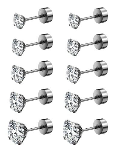 5 Pairs Stud Earrings Set, Hypoallergenic Cubic Zirconia 316L Earrings Stainless Steel CZ Earrings 3-8mm (Steel color)