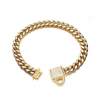 Gold Dog Chain Collar 10mm Wide Cuban Link Puppy Collar 316L Stainless Steel with CZ Diamond Lock Bling Collar for Large Medium Small Dogs(10mm Gold,10inches)