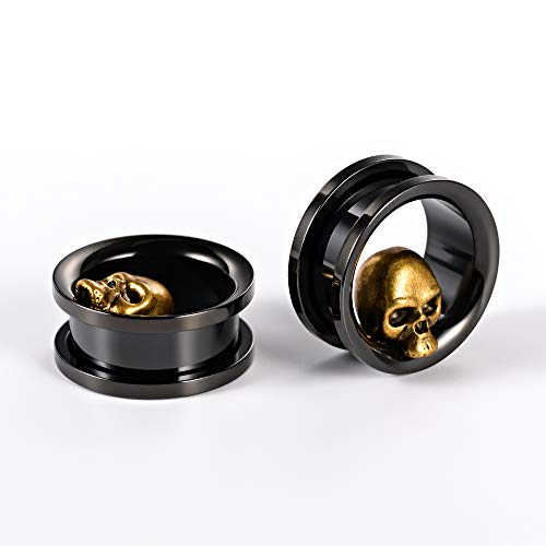 2PCS Stainless Steel Ear Gauges Tunnels Expander Vintage Black Gold Skull 0g-1 inch Body Piercing Jewelry