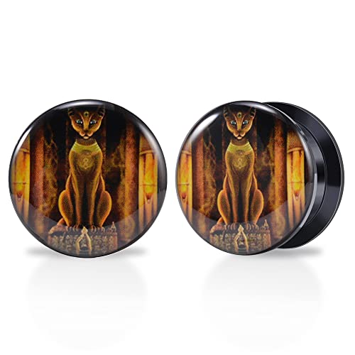 1 Pair Acrylic Solid Screw On Ear Plugs Tunnels Resin Allergy Free Stretcher Egyptian Cat Goddess Egypt Mythology Color Drawing For Women Men Body Piercing Jewelry