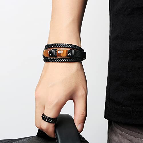 𝗚𝗶𝗳𝘁𝘀 𝗳𝗼𝗿 𝗠𝗲𝗻 𝗟𝗲𝗮𝘁𝗵𝗲𝗿 𝗕𝗿𝗮𝗰𝗲𝗹𝗲𝘁 With Tigers Eye, Father's Day Christmas Anniversary Birthday Gifts for Son Husband Grandson Boyfriend Brother Dad Love You Forever Bracelets for Men