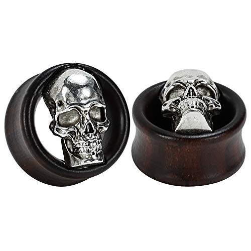 TBOSEN 2 or 4 pcs Antiqued Skull Wood Double Flared Ear Plug Saddle Organic Black Areng Flesh Tunnels Gauges 0g - 1 inch