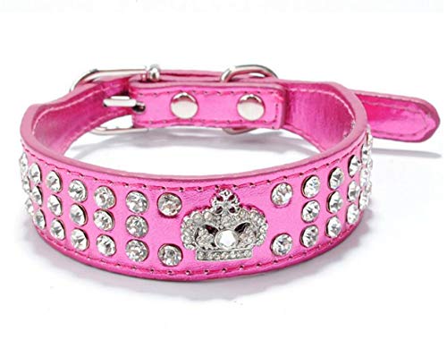 Rhinestone Dog Collar Crown Rhinestone Diamante Jewelry Crystal PU Leather Pet Dog Cat Puppy Collar(Hot Pink,M 26-32cm)
