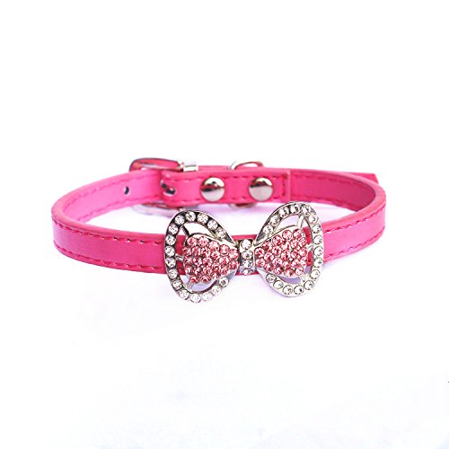 Leather Rhinestone Bow Tie Pet Cat Dog Collar Necklace Jewelry for Small Dogs Girl Kitten Puppy Teacup Chihuahua Yorkie Clothes Costume Outfits (5.9 to 8.2-Inch, Purple)