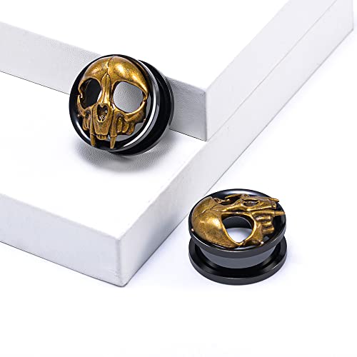 2PCS Stainless Steel Ear Gauges Tunnels Expander Vintage Black Gold Skull 0g-1 inch Body Piercing Jewelry