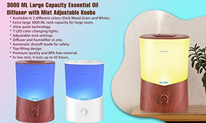 BlueHills Premium 2000 ML XL Essential Oil Diffuser Aromatherapy Humidifier for Large Room Home 40 Hour Run Huge Coverage Area 2 Liter Extra Large Capacity Diffuser Dark Wood Grain (E003)