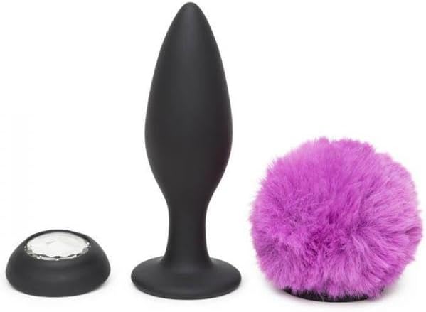 Happy Rabbit Rechargeable Vibrating Butt Plug with Interchangeable Gem and Purple Puff Large