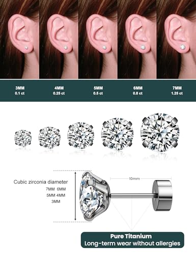 5 Pairs Stud Earrings Set, Hypoallergenic Cubic Zirconia 316L Earrings Stainless Steel CZ Earrings 3-8mm (Steel color)