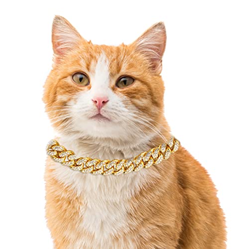 Halukakah Cat Collar - Carat - Iced Out Diamond Cuban Link Gold Chain for Cats & Kittens - Platinum Plated 7" Collar Size - for Decoration Only - Get Your Cat Catwalk Ready