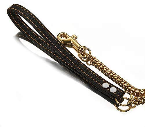 Strong Dog Chain Gold Leash Long 3FT 4FT 5FT 18K Gold Plated Stainless Steel 12mm Curb Cuban Link Dog Leash with Comfortable Genuine Leather Handle(Gold, 3FT)