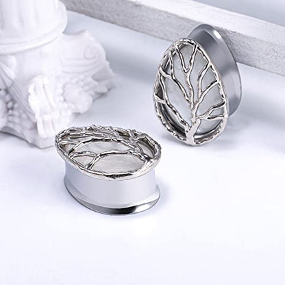 2PCS Teardrop Pearl Shell Ear Gauges Saddle Tunnels Double Flared Plugs Life Tree Elegant Stainless Steel Expander Stretcher Earrings For Women Guage 0g-1"
