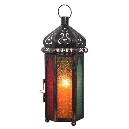 DECORKEY Candle Lantern Decorative, 14.5''H Moroccan Style Vintage Hanging Lantern with 6 Colors Glass, Metal Tabletop Lantern Decor, Indoor Outdoor Candle Holders for Christmas