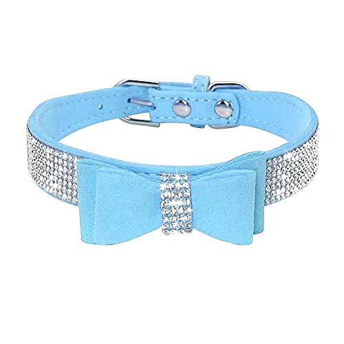 Rhinestone Dog Collar, Cute Dazzling Sparkling Soft Suede Leather Dog Cat Rhinestone Collar Crystal Diamond Pet Dog Puppy Collar (XS, Blue-1)
