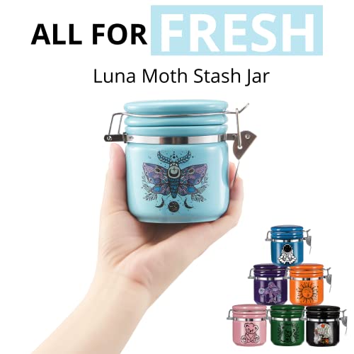 Sun Moon Stash Container Half Oz (250ml), Ceramic Cute Stash Jar Containers w/Clamp Lid, Mystical Celestial Aesthetic Decorative Jar Storage - Double Sealed Airtight Herbs Fresh Jar -Orange