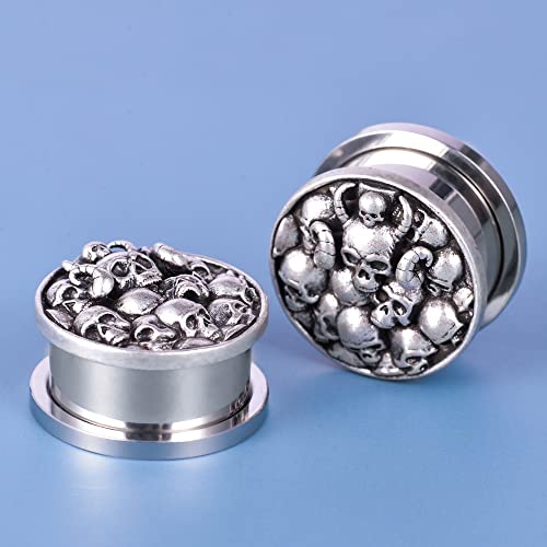 2PCS Surgical Steel Screw Fit Flesh Tunnels Skeleton Gothic Ear Expander Stretching Plugs Gauge 0G-1"(8mm-25mm)