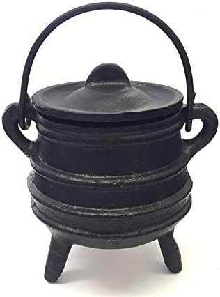 New Age Imports, Inc. Cast Iron Cauldron w/handle & lid, ideal for smudging, incense burning, ritual purpose, decoration, halloween decoration, candle holder, etc. (Ribbed Style 4" High, 2.25" Dia)