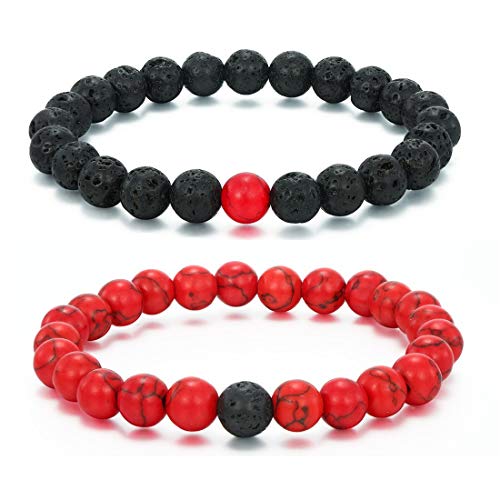 MengPa Mens Beaded Bracelets Couples Matching Bracelet Set Matte Lava Rock Beads for Women Stone Jewelry