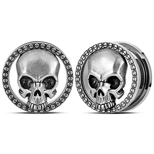 2PCS Cool Ear Gauges Gothic Skull Flesh Tunnels Screw Fit Plugs For Stretched Ears Expander Hanger Piercing Jewelry 0g to 1 inch