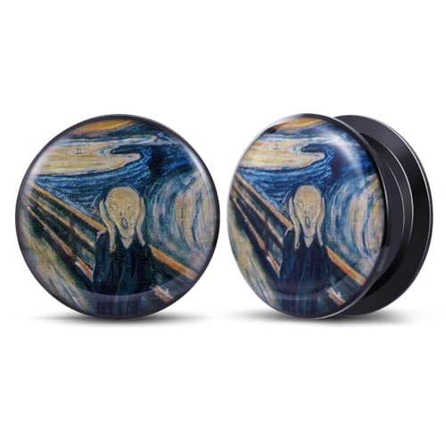 2PCS Acrylic Solid Screw On Ear gauges Art Oil Painting The Scream Epoxy Allergy Free Ear Plugs and Tunnels Stretcher For Women Men Body Piercing Jewelry