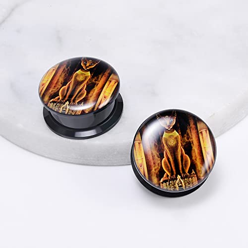 1 Pair Acrylic Solid Screw On Ear Plugs Tunnels Resin Allergy Free Stretcher Egyptian Cat Goddess Egypt Mythology Color Drawing For Women Men Body Piercing Jewelry