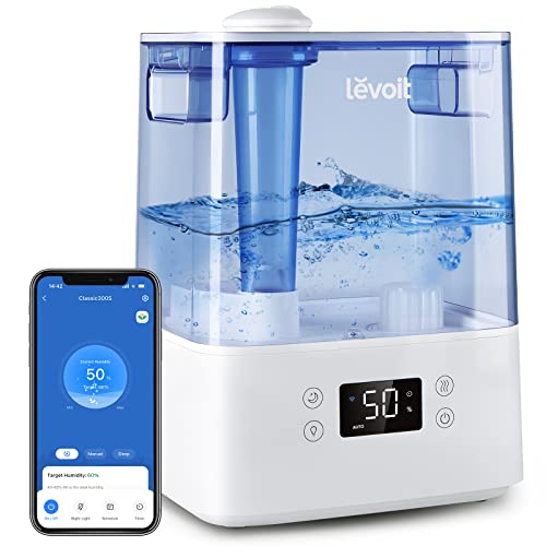 LEVOIT Humidifiers for Bedroom Large Room Home, (6L) Cool Mist Top Fill Essential Oil Diffuser for Baby & Plants, Smart App & Voice Control, Rapid Humidification & Auto Mode - Quiet Sleep Mode, Gray