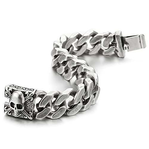 COOLSTEELANDBEYOND Mens Large Vintage Brushed Finishing Steel Curb Chain Bracelet with Fleur De Lis and Skull