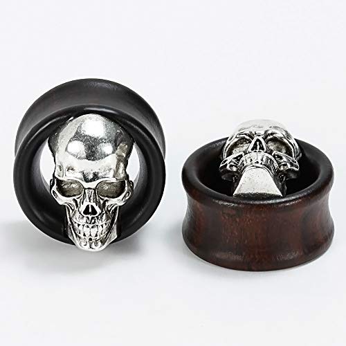 TBOSEN 2 or 4 pcs Antiqued Skull Wood Double Flared Ear Plug Saddle Organic Black Areng Flesh Tunnels Gauges 0g - 1 inch