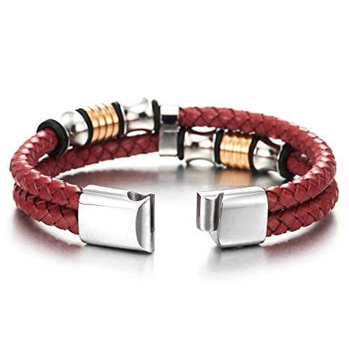 COOLSTEELANDBEYOND Mens Double-Row Braided Leather Bracelet Bangle Wristband with Stainless Steel Ornaments