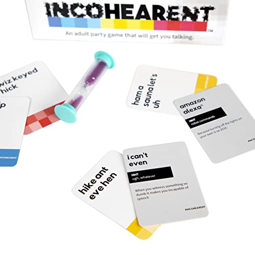 Incohearent, The Guess the Gibberish Party Game by Relatable, A Funny Card Game for Adults, Great for Bachelorette Party Games or Game Night Games, Includes 400 Cards, Instructions, and 1 Sand Timer