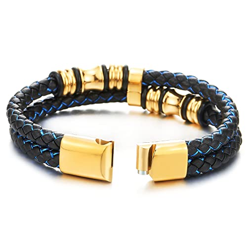 COOLSTEELANDBEYOND Mens Double-Row Braided Leather Bracelet Bangle Wristband with Stainless Steel Ornaments