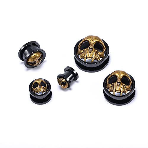 2PCS Stainless Steel Ear Gauges Tunnels Expander Vintage Black Gold Skull 0g-1 inch Body Piercing Jewelry