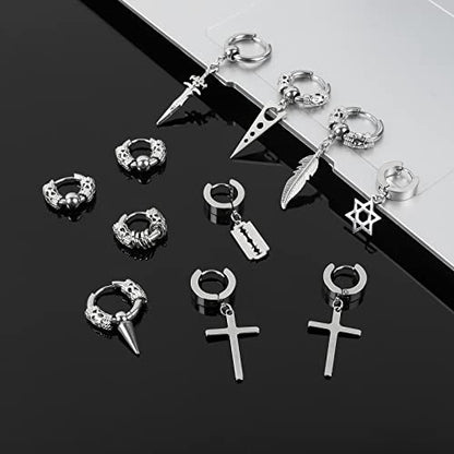 Black Stainless Steel Stud Earrings for Men Women Small Huggie Hoop Earrings Set for Men Cool Goth Punk Earrings Barbell Earrings Black Silver Hoop Cartilage Earring (Classic) (Black Tone)