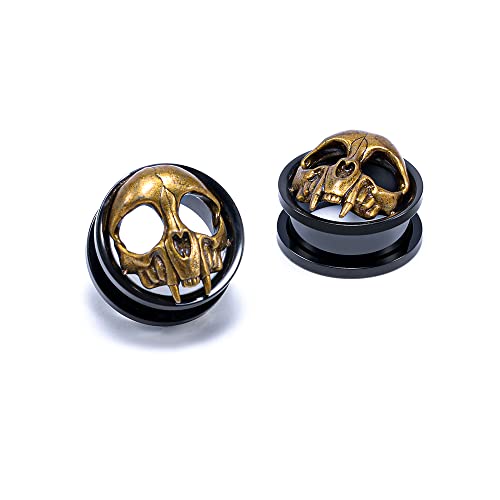 2PCS Stainless Steel Ear Gauges Tunnels Expander Vintage Black Gold Skull 0g-1 inch Body Piercing Jewelry