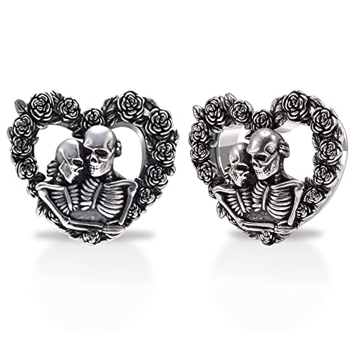 1 Pair Stainless Steel Ear Gauges Tunnels Heart shaped Skull Lovers Antique Silver 0g-1 Inch Single Flare For Men For Women