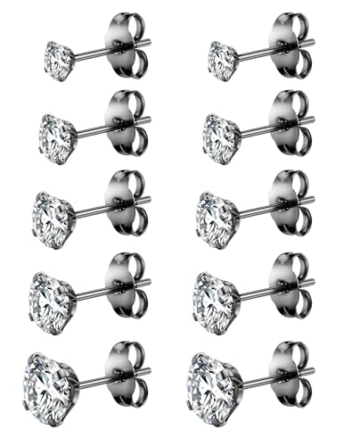 5 Pairs Stud Earrings Set, Hypoallergenic Cubic Zirconia 316L Earrings Stainless Steel CZ Earrings 3-8mm (Steel color)