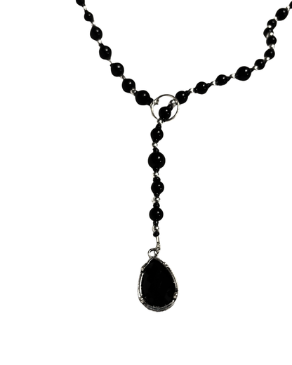 Genuine Onyx Lariat Necklace, Beaded Rosary Style