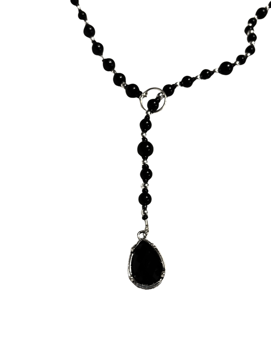 Genuine Onyx Lariat Necklace, Beaded Rosary Style