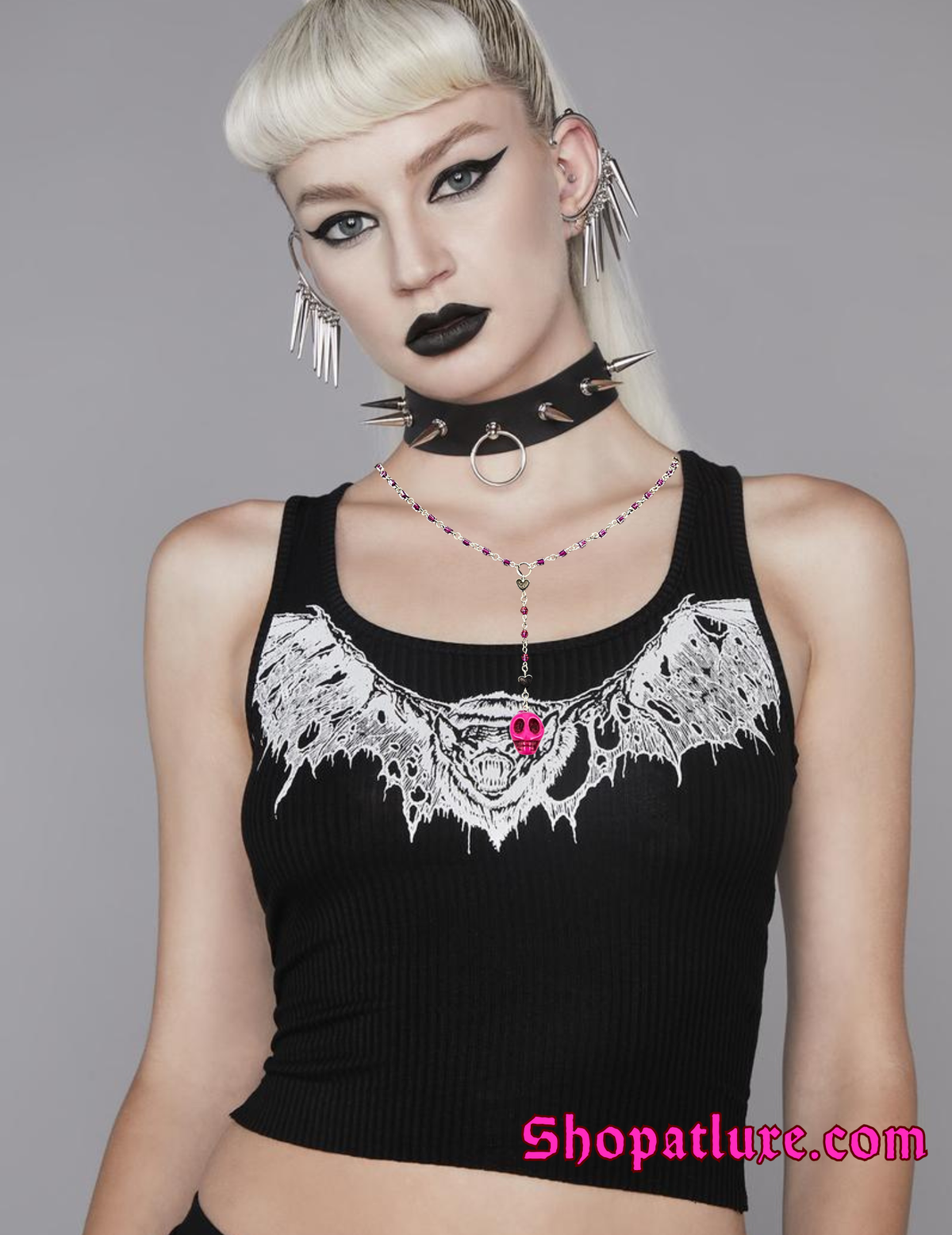 Pink Skull Hand Beaded Lariat Necklace