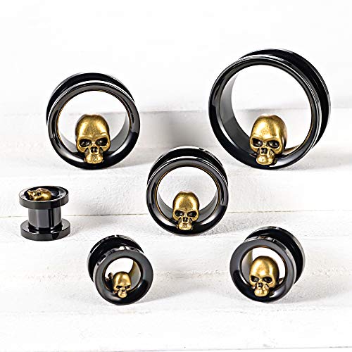 2PCS Stainless Steel Ear Gauges Tunnels Expander Vintage Black Gold Skull 0g-1 inch Body Piercing Jewelry