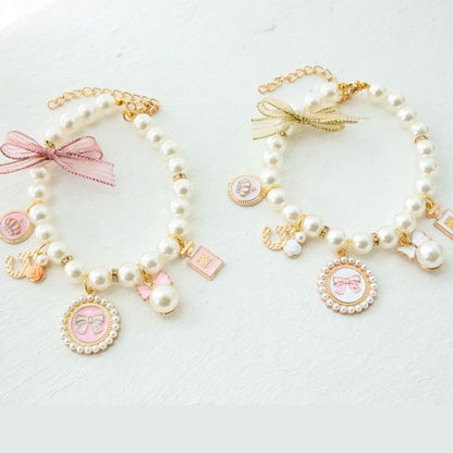 Dog Pearl Collars Princess Bow Necklace Pet Pearl Necklace DogCute Collar Puppy Accessories Cat Jewelry Pearl Neck Strap for Dog Cat (M)
