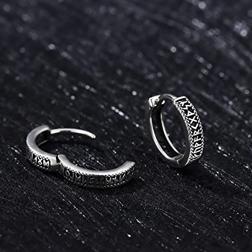 Odinstone Viking Earrings for Men Women, Norse Viking Hoop Earrings Rune Hollow-Carved Design 925 Sterling Silver Huggie Hoops Earrings Jewelry Gift