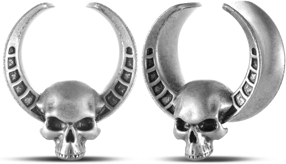 2PCS Punk Skull Ear Tunnels Brass Vintage Double Flared Plugs Cool Gothic Goat Head Ear Gauges Stretcher Piercings Gauge 0g to 1 inch