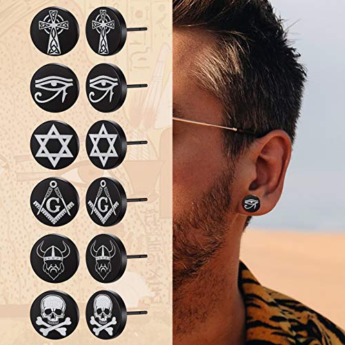 FaithHeart Cool Earrings Set Viking Runes Stuff/Eye of Horus/Cross Black Studs/Hoops Earrings for Men Women with Delicate Packaging