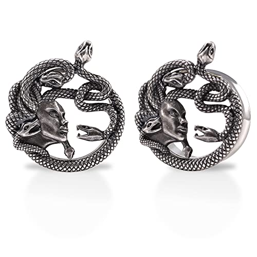 1 Pair Stainless Steel Ear Gauges Tunnels Ouroboros Snake Eat Tails Silver Vintage 2g-1 Inch Double Flare For Men For Women