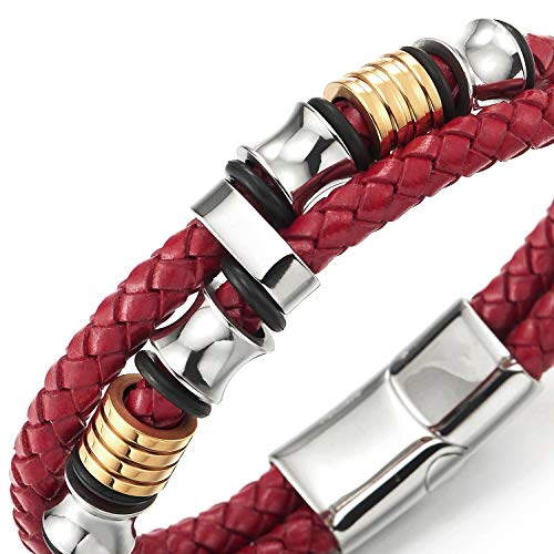 COOLSTEELANDBEYOND Mens Double-Row Braided Leather Bracelet Bangle Wristband with Stainless Steel Ornaments