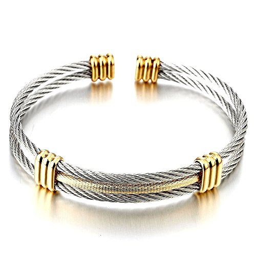 COOLSTEELANDBEYOND Men Women Stainless Steel Twisted Cable Adjustable Cuff Bangle Bracelet