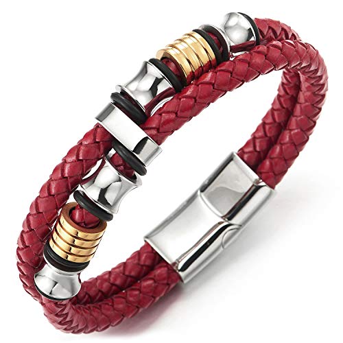 COOLSTEELANDBEYOND Mens Double-Row Braided Leather Bracelet Bangle Wristband with Stainless Steel Ornaments