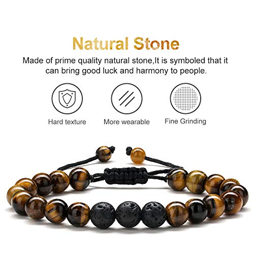 M MOOHAM Natural Stone Bracelets for Men - 8mm Tiger Eye | Matte Agate | Lava Rock Bracelets for Men Teen Boys Gifts Fathers Day Anniversary Birthday Gifts for Him