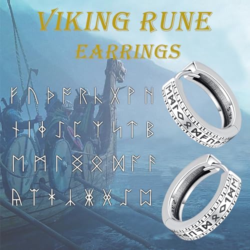 Odinstone Viking Earrings for Men Women, Norse Viking Hoop Earrings Rune Hollow-Carved Design 925 Sterling Silver Huggie Hoops Earrings Jewelry Gift